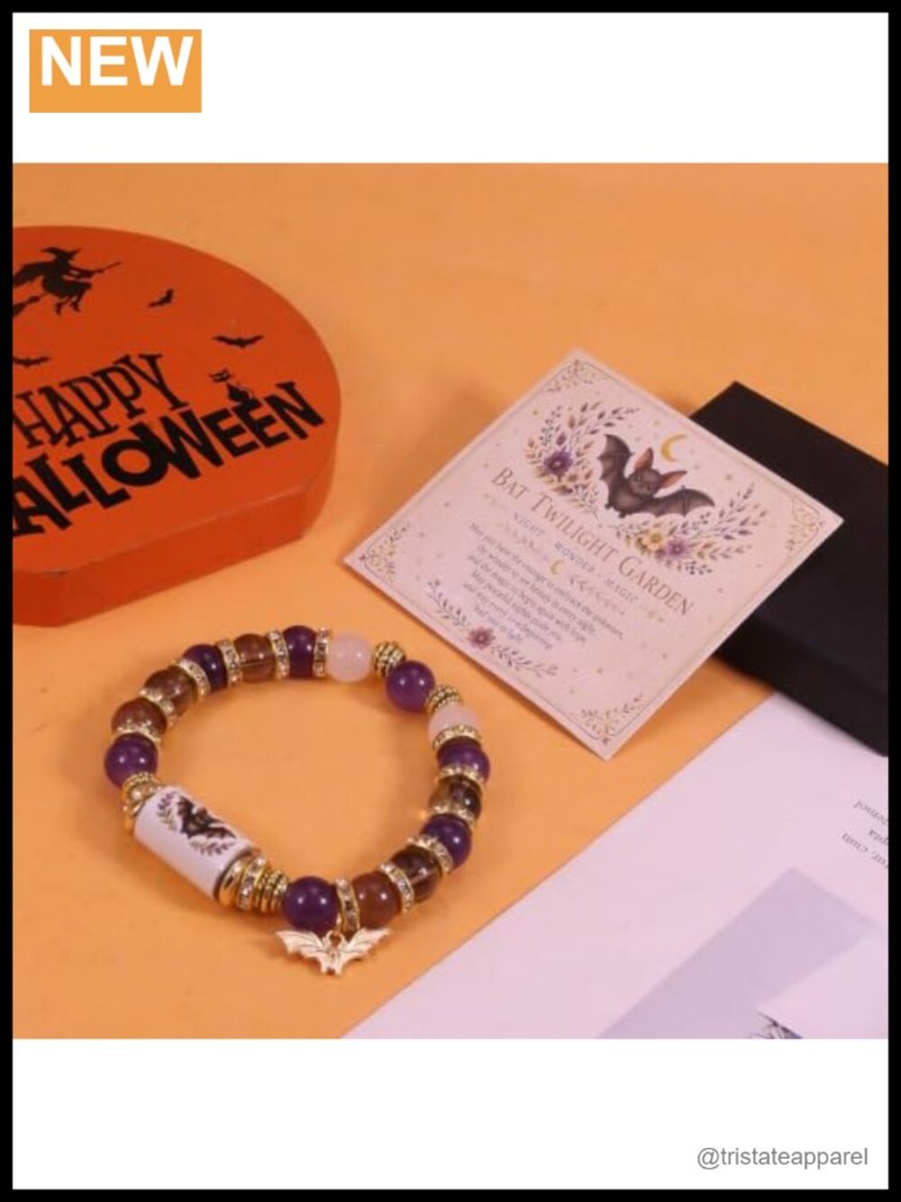 Halloween Beaded Stretch Bracelet Acrylic Charm Bat Ghost Spider - Picture 4 of 6